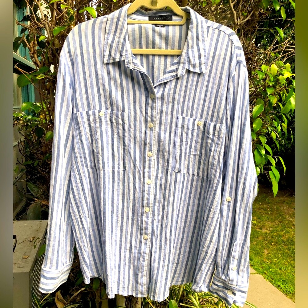 💕*NWT*SANCTUARY BOYFRIEND RELAXED BLUE STRIPED L/S BUTTON DOWN! 🎊 - Picture 4 of 15